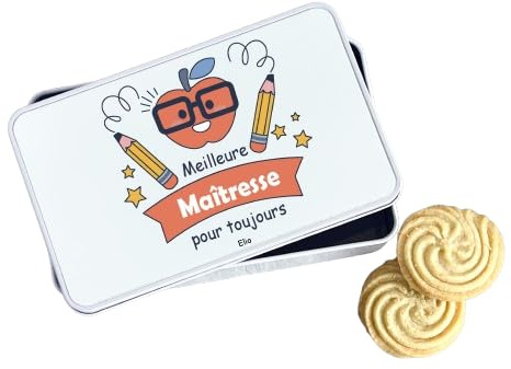 Boîte métal personnalisée maîtresse – Cadeau fin d’année scolaire – Meilleure Maîtresse pour toujours – Boîte à biscuits avec prénom – 18,5x11,5x5,5 cm