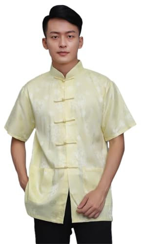 Chinese Tang Suit Traditional Uniform Short Sleeve Top Kungfu Shirt for Men Yellow