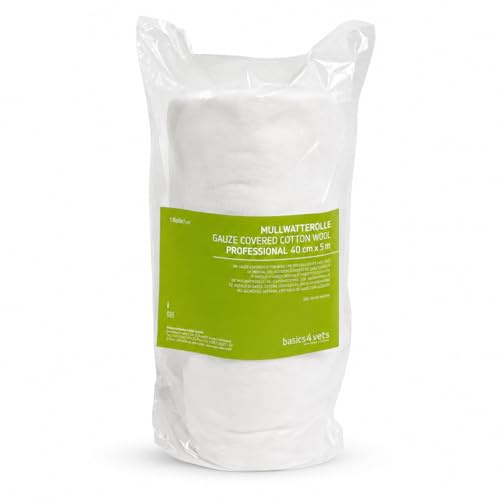 Basics4vets Mullwatterolle | 40 cm x 5 m | Verbandwatte mit Gaze/Netz speziell für Pferde | 100 % Baumwolle