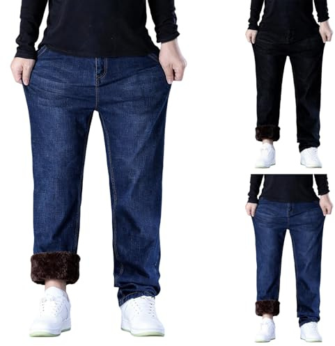 Jean thermique pour homme - Pantalon d'hiver doublé - Pantalon thermique d'hiver - Pantalon de travail en polaire surdimensionné avec poches latérales - Pantalon en denim - Pantalon droit - Pantalon