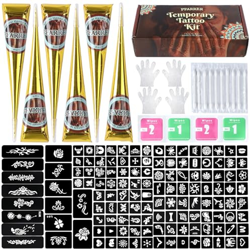 Temporary Tattoos Stencils Kit,Temporary Tattoos Kit - 6 Pcs 3 Color(3 Brown 2 Black 1 Red) Ink with Gloves,DIY Body Art Painting for Women Men Adults TA636KIT