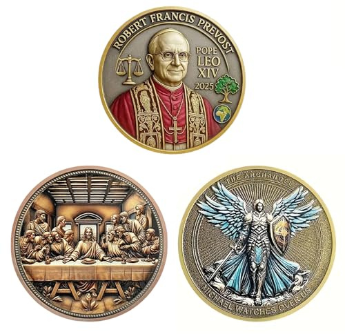 Juego de 3 piezas religiosas de colección – Papa León XIV, Arcángel Miguel & La Última Cena, vienen con estuches individuales y soportes de presentación, regalo único y prestigioso.