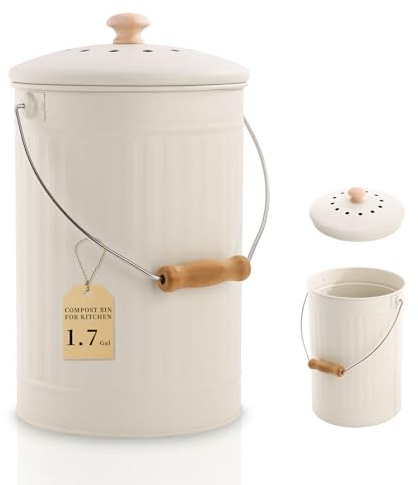 1.7 Gal Kitchen Compost Bin with Smell Proof Lid,Odorless Bin for Indoor Countertop,100% Rust Proof Compost Bucket with Non-Smell Charcoal Filter,Easy Cleaning and Looks Great On Any Kitchen Counter
