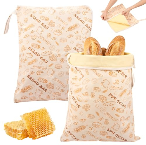 Jokapy 2 stycken bivax, brödpåsar 43 cm x 33 cm, återanvändbar brödpåse för färskhet med L-dragkedja och handtag, plastpåsar för bröd, naturlig bivaxpåse, Vetebröd, modern