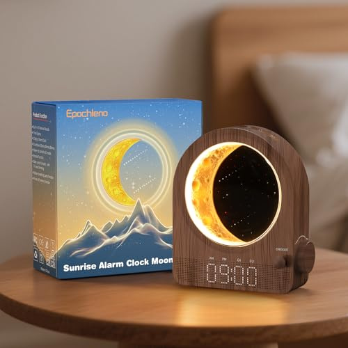 Epochleno Sonnenaufgang Licht Wecker, Schlafzimmer Wecker mit weißem Rauschen und Mondlicht, 10 Töne & Countdown Funktion & einstellbare Helligkeit -nussbaumfarbe