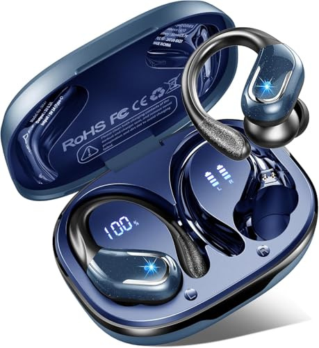 Ordtop Wireless Earbuds,Wireless Headphones Running 75H Headphone for Sport | Bluetooth 5.3, IP7 Wireless Earphones Ear Hooks, Noise Cancelling Earbuds Stereo Sound, USB-C Headsets with Mic