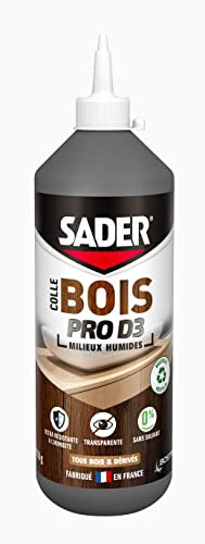 Sader Colle Vinylique Bois Pro D3 – Colle d'Assemblage et de Placage du Bois – Colle D3 Menuiseries Intérieures et Extérieurs Abrités – Colle Bois Humide – Transparente – Biberon 750 g