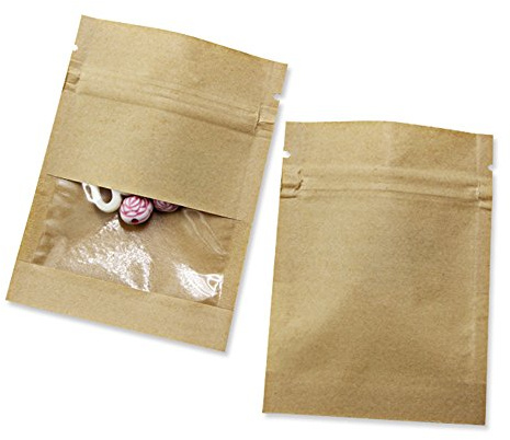 WACCOMT Pack 100 Stück Kraftpapier Aufbewahrungstasche, Braun, 7x9cm | Reißverschluss, Heißsiegel, Mit Tränenkerbe, Durchsichtiges Kunststoff Fenster, Wiederverschließbar, Selbstdichtend