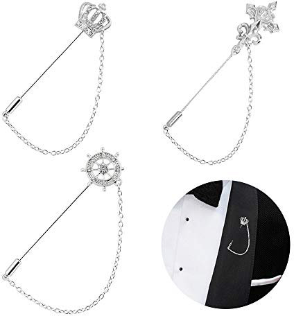 Huture 3 Packs Men's Brooch Lapel Pin Crown Rudder Cross Badge Hanging Chains Collar for Career Suit Tuxedo of Shirts Tie Hat Scarf for Boyfriend Father Birthday Silver