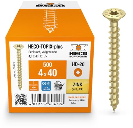 HECO-TOPIX-plus Holzschraube 4 x 40, Senkkopf mit Frästaschen, HECO-Drive, HD-20, variables Vollgewinde, verzinkt gelb, A3L, 500 Stück
