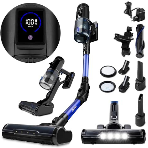 Zeegma Klaar Aspirapolvere verticale senza fili 400W, potenza di aspirazione 25000Pa, senza sacco, turbospazzola, spazzola elettrica, aspirapolvere per auto, aspirabriciole, LED, per peli di cane.