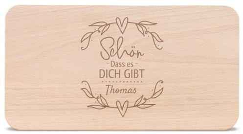 GRAVURZEILE Frühstücksbrettchen mit Gravur -Schön dass es dich gibt - Personalisiert mit Namen - Geschenk für Verliebte zum Valentinstag - 100% Buchenholz - 22.5 cm x 12.5 cm x 1 cm