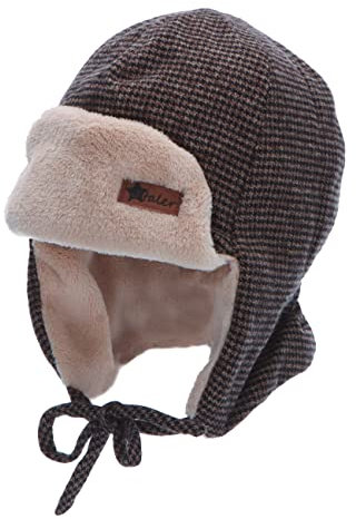 Sterntaler Baby Jungen Mütze - Fliegermütze Hahnentritt - Mütze Baby - mit Hahnentritt Muster und Bindeband - dunkelbraun, 49