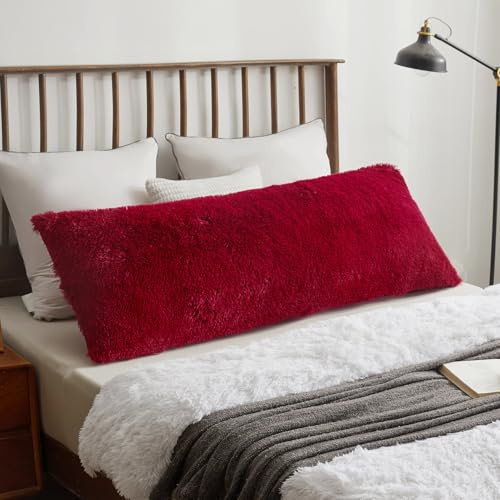 XeGe Long Decorative Fluffy Faux Fur Body Pillow Cover, 4.6ft, Red | Fuzzy Bolster Pillow Cover with Zipper Closure, Plush Furry Bolster Pillow Case for Pregnant Maternity Women Side Sleeper