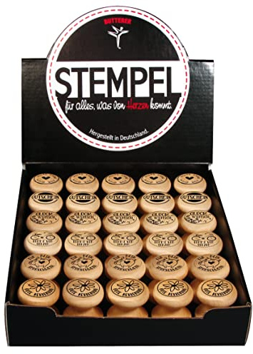 Rayher Display Stempel Allgemein/Vielseitig, 6 Stempelmotive, pro Motiv 5 Stempel, gesamt 30 Stück, rund, 3 cm ø, Holzstempel mit Griff, Rundstempel, Butterer Stempel, 29156000