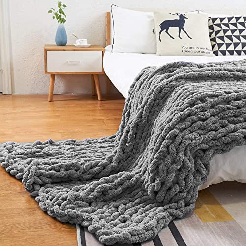PRELGOSP Strickdecke, Handgefertigt Grob Gestrickte Kuscheldecke, Weicher Wolldecke Strick Haustier Bett Stuhl Sofa Yoga Matte Teppich,Grau,100x120cm