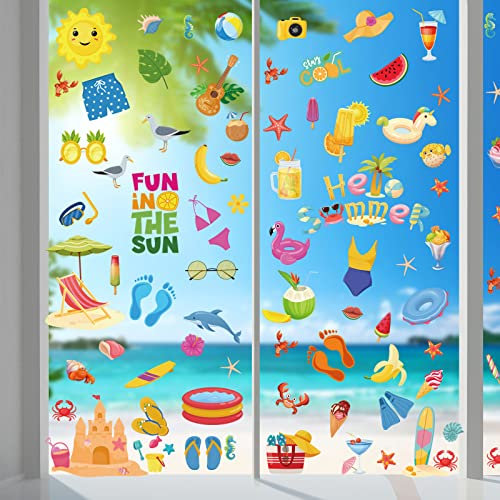 Hianjoo Fensterbilder Selbstklebend Sommer Deko, Hawaiianische Fenster Aufkleber Dekorationen, 9 Blätter Fenstersticker Wiederverwendbar mit Beach Pool Party für Fensterdeko