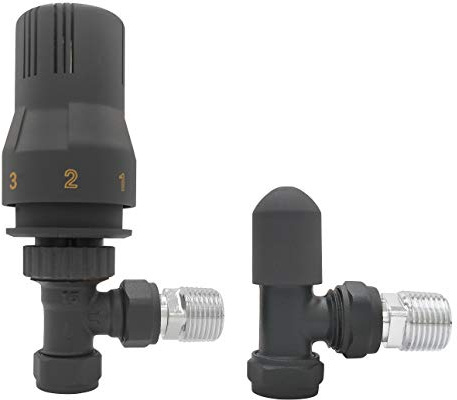 NRG Anthracite TRV Thermostatic Radiator Valve and Lockshield Angled Valve | 15mm Radiator Towel Rail Valves, Central Heating Taps