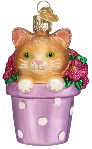 Old World Christmas Kitten in Flower Pot Glass Blown Ornament for Christmas Tree