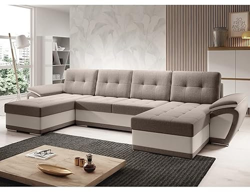 MODERNO Living Room Landscape Sofa with Sleep Function Enzo U - Sofa U-Shape with Bed Box - Modern Corner Sofa Bed - Quilted Sofa Bed - Two-Tone Sofa Bed - Beige/Cream