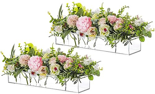 Rectangular Acrylic Vases for Centerpieces, 16 Inches Long Floral Vase with Holes for Flowers, Clear Rectangle Box Tray for Roses Modern Flower Arranger for Wedding Home Dining Table Decor, 2pcs