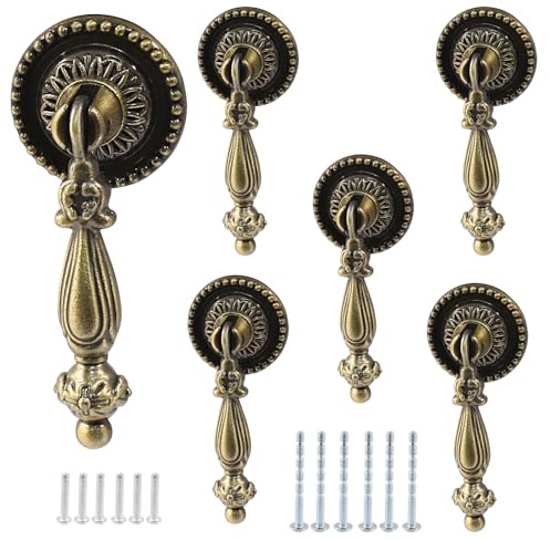 Bonsicoky 6PCS Antique Style Tear Drop Pulls - Vintage Cabinet Decorative Pull Handle Knob for Drawer, Dresser, Wardrobe - Bronze