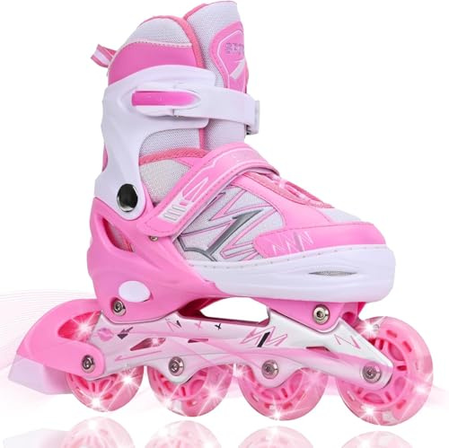 DUZSKJ Pattini in linea regolabili per bambini ragazzi ragazze con ruote di illuminazione, pattini regolabili per bambina per principianti giochi all'aperto (Rosa & Bianco, L)