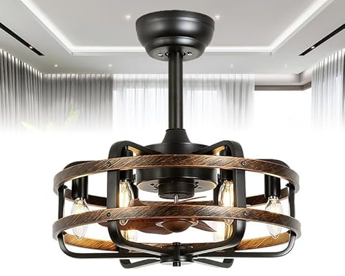 Ventilatore da soffitto per Fattoria, Ventilatore da soffitto Rustico Vintage da 18 Pollici con Montaggio a Incasso, Ventilatore da soffitto a Gabbia Vintage a 3 velocità, con luci e Telecomando, PE