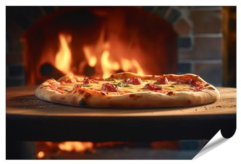islandburner XXL Bild Poster Köstliche holzgefeuerte Pizza frisch aus dem Ofen serviert auf Holzbrett Premium Bilder Fotodruck