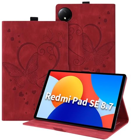 Auslbin Custodia per Xaiomi Redmi Pad SE 8.7 4G 2024 Cover, Pelle Goffrata Farfalla PU con Funzione di Supporto, Flip Tab Cover per Redmi Pad SE 8.7, Rosso