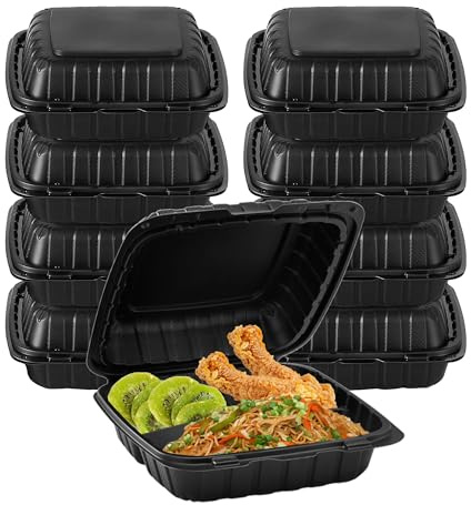 8 X 8 3-Compartment To Go Food Take Out Containers Boxes With Lids | 50 Pack Microwaveable Black Mineral-Filled Disposable Togo Plates Clamshell Containers With Dividers For Lunch Home Carry Away