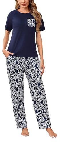 Bresdk Pigiama Donna Cotone Manica Corta Pigiami Due Pezzi da Donna Morbido e Leggero Pantaloni a Quadri Set Pigiama da Notte Estivo Lungo | Il mix di alta qualità offre un'elevata traspirabilità, una leggera elasticità e un morbido comfort sulla pelle