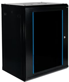 Netzwerkschrank 19 Zoll 15HE I 450 mm Tiefe I Serverschrank Schwarz | montiert | Wandmontage I abschließbare Glastür I voll montiert I 100 kg Traglast I 600×450×770 mm (Schwarz - 45cm, 15HE)
