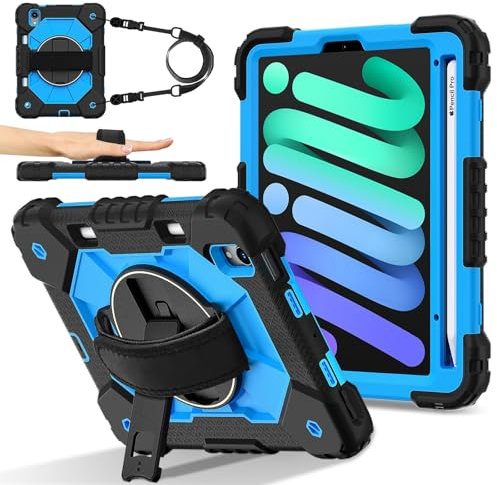 Voyage sur tablette Étui compatible avec iPad Mini 7 (A17 Pro) 2024/Mini 6 8,3 pouces 2021 avec porte-crayon, support de poignée multifonction rotatif à 360 degrés + bandoulière, étui de protection an
