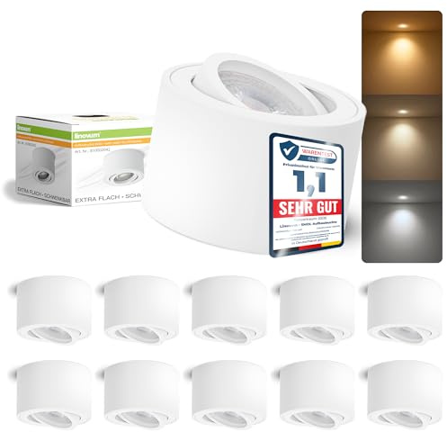 linovum SMOL Aufbauspot weiß flach schwenkbar Ø80mm 4W 3 Lichtfarben LED | Flacher Deckenspot weiß - nur 50mm hoch, schwenkbar, warm / neutral / kalt, für Schlafzimmer & Büro, inkl. LED-Modul