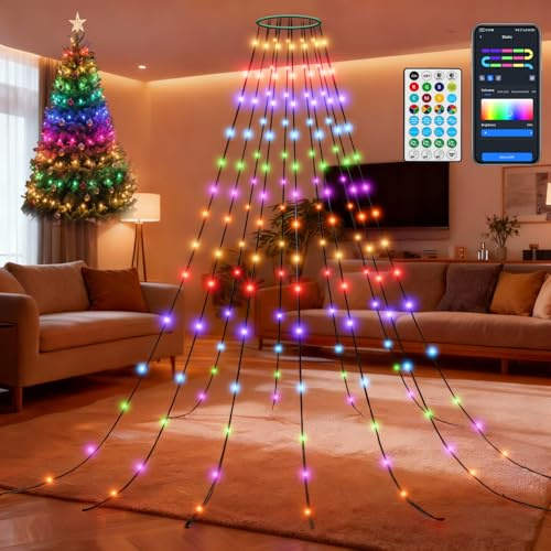 Aigostar Luci per Albero di Natale RGBIC Smart, 1.5M 150 LED, Controllo App & Telecomando, Sincronizzazione Musica, 150+ Scene, Decorazione Natale per Albero con Anello, per Interno ed Esterno
