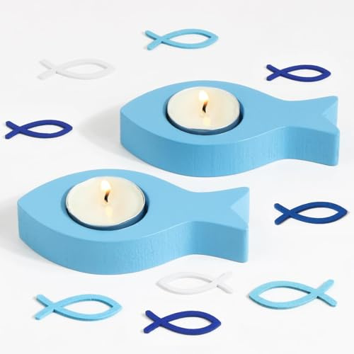 BOFUNX 2er Set Teelichthalter Fisch aus Holz für Kerzen mit Durchmesser 4cm Blau Fische Kerzenhalter mit 30pcs Holzfische Streudeko Geschenk für Mädchen Junge Taufe Kommunion Konfirmation Tischdeko