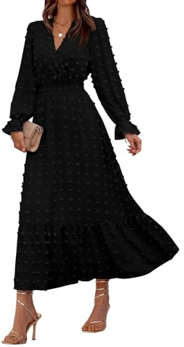 Maxi Long Sleeve Flowy Dresses Casual Beach Dress Women Summer Fashion Loose V Neck Solid Color Dresses