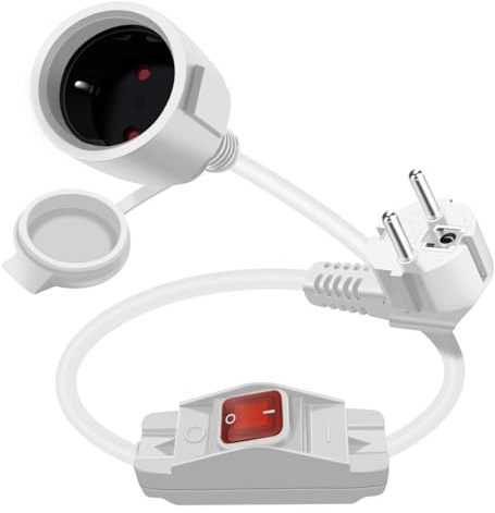 YINGAYOU Alargador Schuko Corto con Interruptor 16A 250V 90 Grados Short Schuko Extension Cord, 2 AC Enchufe IP44 para Uso Exterior o Interior Hogar, Oficina (Blanco, 0.5 m)