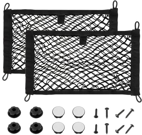 JAMHER 45x25cm Universal Mesh Cargo Net Elastic String Net Mesh Net Pouch Double Layer Cargo Net with Screws & Hooks for Trunk RV Boats Home Cargo Storage – keeps items Organized(2 Pack)