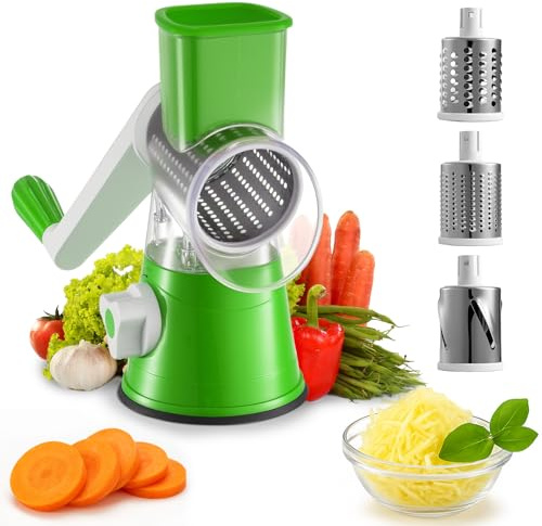 GREENSAPPIRE 4-in-1 Rotary Cheese Grater Mandoline Slicer with Container Handheld Vegetable Shredder for Hard Cheese, Nuts, Fruits & Carrots (Green)