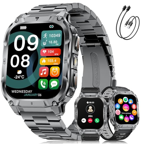 LIGE Militär Smartwatch Herren mit 1000mAh Akku, 2.0 HD Touchscreen Fitnessuhr mit Herzfrequenz/Schlafmonitor/200+ Sportmodi, IP68 Wasserdicht Sportuhr für Android iOS, 3 Armbändern, 2 Ladegerät