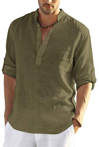 COOFANDY skjorta herr långärmad linneskjorta bomull Henley-skjorta casual normal passform sommarskjorta