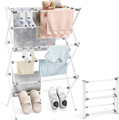 KINGRACK Faltbarer Wäscheständer, Vergrößerter Wäscheständer, Erweiterbarer Wäschetrockner, Platzsparend, Geeignet für Innen/Außeneinsatz, 115 × 37 × 90.2 cm (Weiß und Grau)
