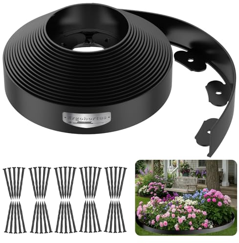 Ergohortus 10m Rasenkante and Beeteinfassung mit 50 Erdspießen, 5cm hoch | Flexible Gartenkante aus Kunststoff 5cm hoch für Beetbegrenzung, Mähkante, Rasenkanten & Beetabgrenzung, Schwarz