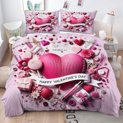 Gumntun Copripiumino Matrimoniale 260x240 cm San Valentino Rosa, Lavabile in Lavatrice Completo Letto, Microfibra Biancheria da Letto per Tutte Le Stagioni, 2 x Federe 50x80 cm_24086a
