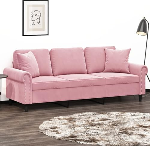 Owoxanthellate 3-Sitzer-Sofa Rosa 212 x 77 x 80 cm Samt Recamiere mit Zierkissen Modernes Design Robustes Metallgestell Komfortable Sitzfläche 180 cm Breit für Wohnzimmer Schlafzimmer Flur