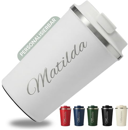 Smarteon Thermobecher personalisiert mit Namen – Edelstahl Kaffeebecher To Go auslaufsicher, doppelwandig isoliert, minimalistischer Coffee Mug To Go, Geschenk für Frauen & Männer (Weiß)