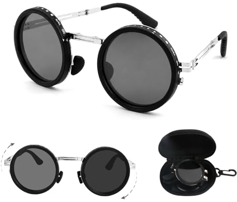 Ecofocet Lunettes de Soleil Pliantes, Rondes Lunettes Polarisées | UV400, ND Réglables à 9 Niveaux, Monture Métal avec Etui, Retro pour Conduite, Pêche, Outdoor, Plage, Homme, Femme