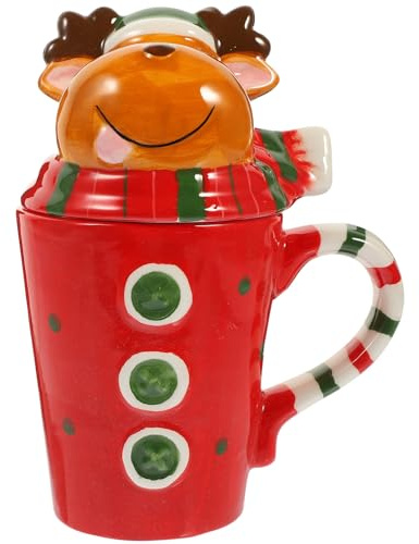 Housoutil Tazza Natalizia in Ceramica 500ml con Manico e Coperchio Rosso, Tazza da Caffè e Latte a Tema Natale per Ufficio e Ristorante, Design Pratico e Atmosfera Festiva